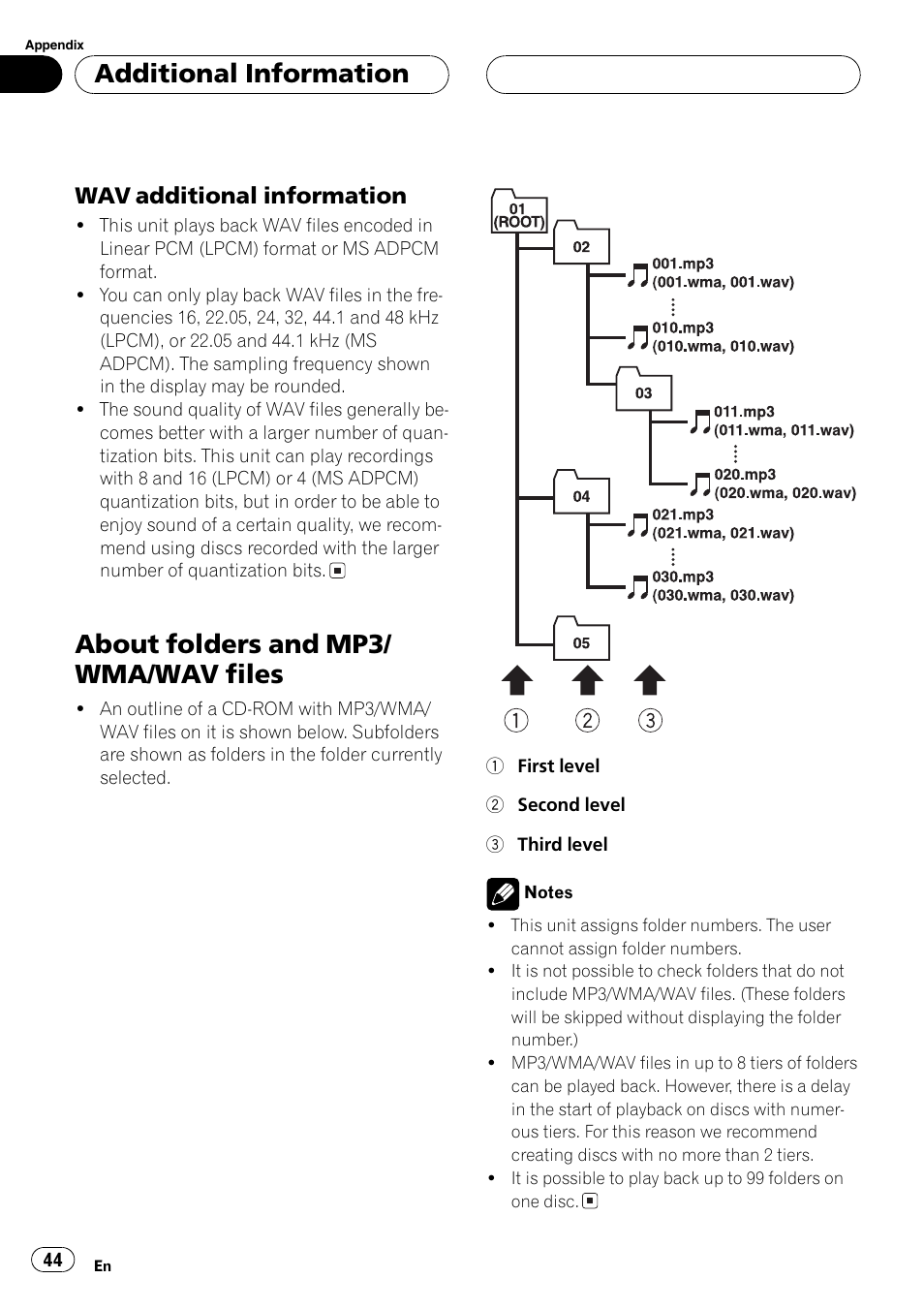 Wav additional information 44, About folders and mp3/wma/wav files 44, About folders and mp3/ wma/wav files | Additional information, Wav additional information | Pioneer DEH-P4800MP User Manual | Page 44 / 104