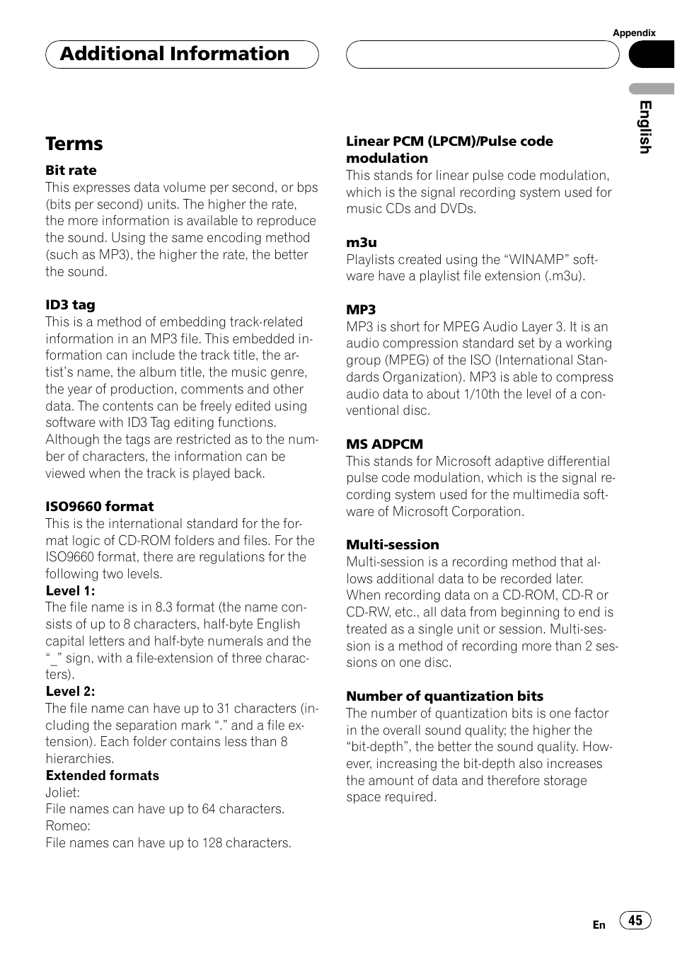 Terms 45, Terms, Additional information | Pioneer DEH-P4800MP User Manual | Page 45 / 104