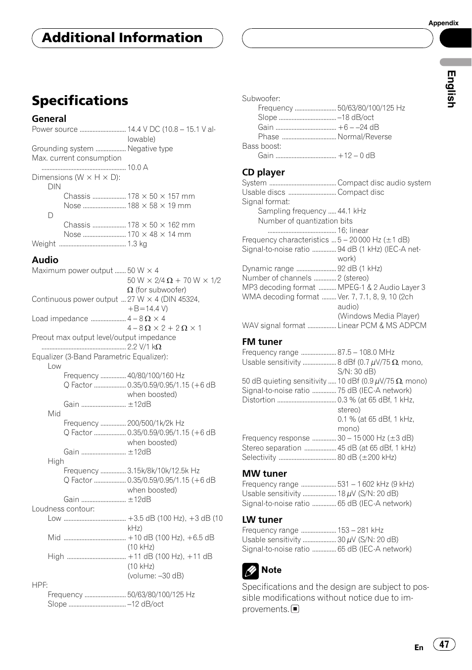 Specifications 47, Specifications, Additional information | English | Pioneer DEH-P4800MP User Manual | Page 47 / 104