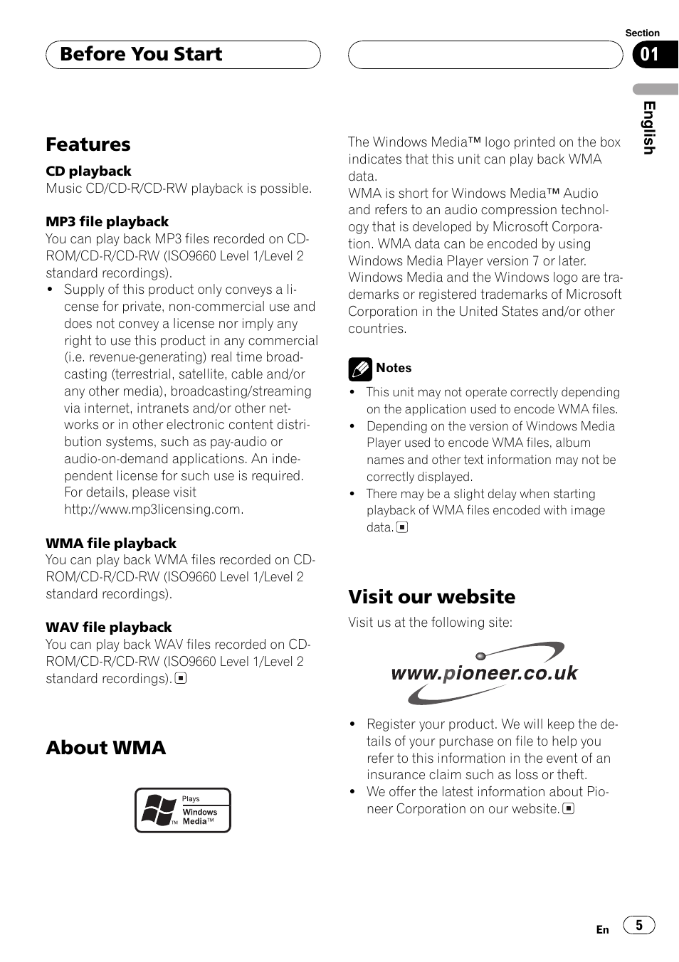 Features 5 about wma 5 visit our website 5, Features, About wma | Visit our website, Before you start | Pioneer DEH-P4800MP User Manual | Page 5 / 104
