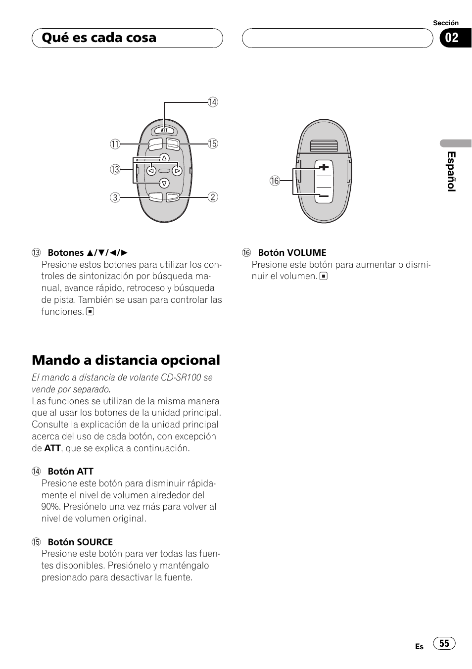 Mando a distancia opcional 55, Mando a distancia opcional, Qué es cada cosa | Pioneer DEH-P4800MP User Manual | Page 55 / 104