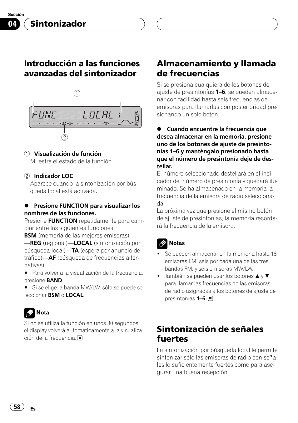 Introducción a las funciones avanzadas del, Sintonizador 58, Almacenamiento y llamada de | Frecuencias 58, Sintonización de señales fuertes 58, Almacenamiento y llamada de frecuencias, Sintonización de señales fuertes, Sintonizador | Pioneer DEH-P4800MP User Manual | Page 58 / 104