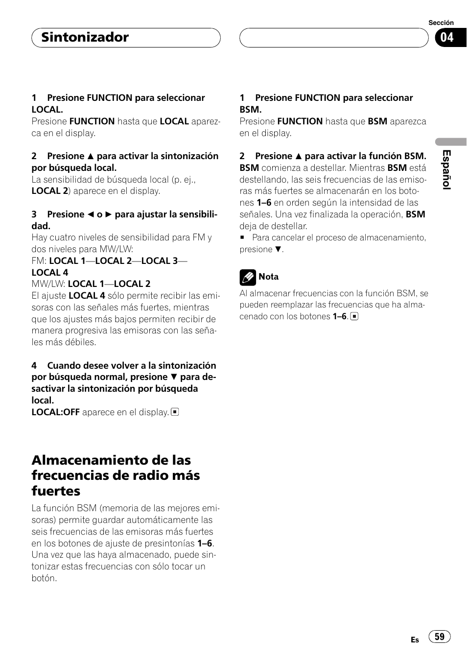 Almacenamiento de las frecuencias de radio, Más fuertes 59, Sintonizador | Pioneer DEH-P4800MP User Manual | Page 59 / 104
