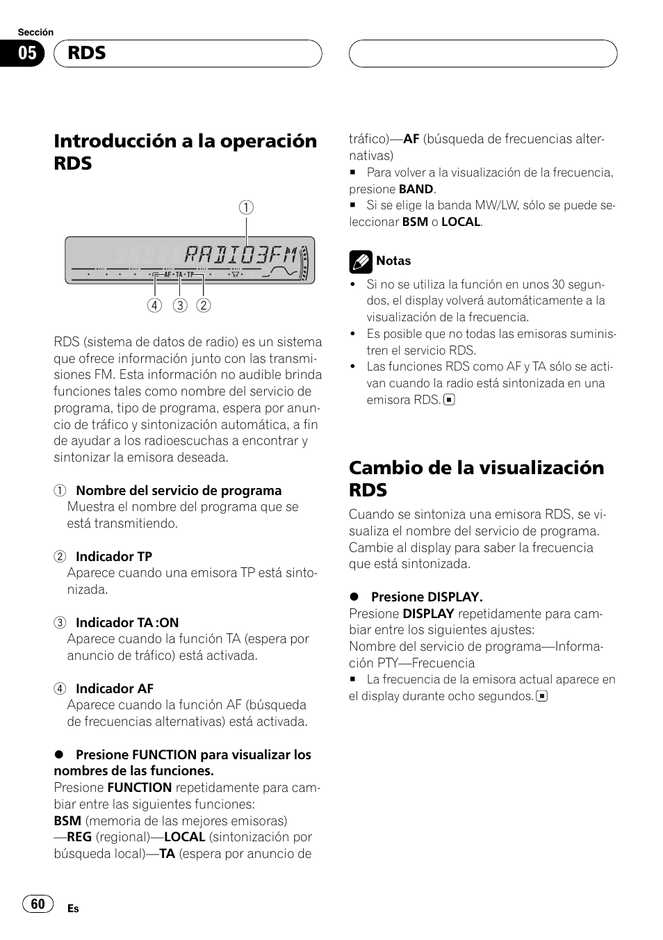 Introducción a la operación rds 60, Cambio de la visualización rds 60, Introducción a la operación rds | Cambio de la visualización rds | Pioneer DEH-P4800MP User Manual | Page 60 / 104