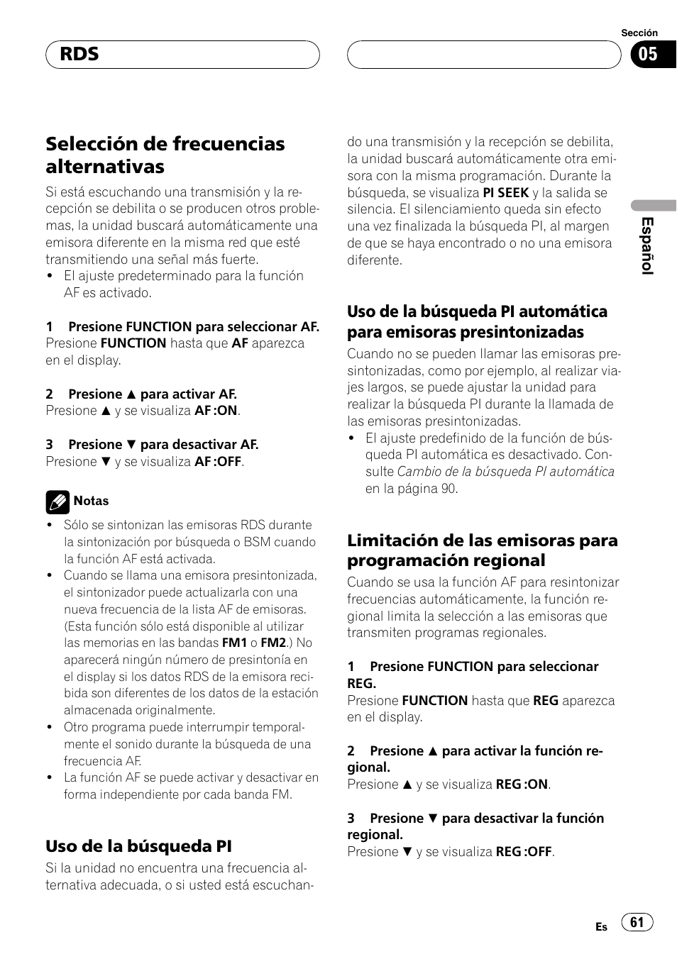 Selección de frecuencias alternativas 61, Uso de la búsqueda pi 61, Uso de la búsqueda pi automática | Para emisoras presintonizadas 61, Limitación de las emisoras para, Programación regional 61, Selección de frecuencias alternativas, Uso de la búsqueda pi | Pioneer DEH-P4800MP User Manual | Page 61 / 104