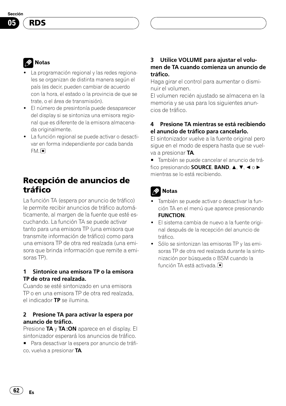 Recepción de anuncios de tráfico 62, Recepción de anuncios de tráfico | Pioneer DEH-P4800MP User Manual | Page 62 / 104