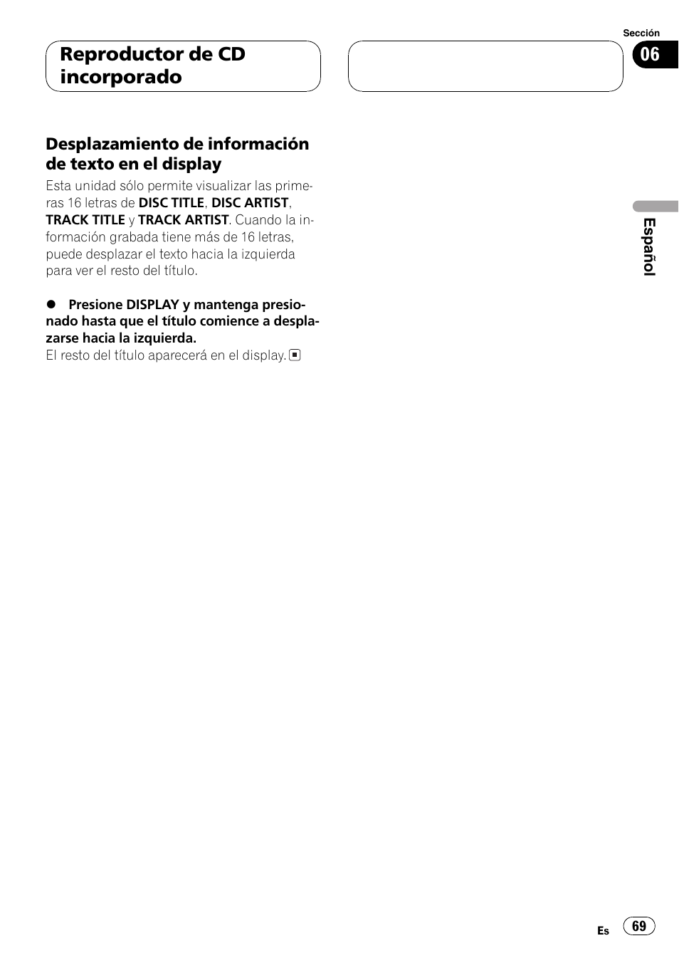 Desplazamiento de información de, Texto en el display 69, Reproductor de cd incorporado | Pioneer DEH-P4800MP User Manual | Page 69 / 104