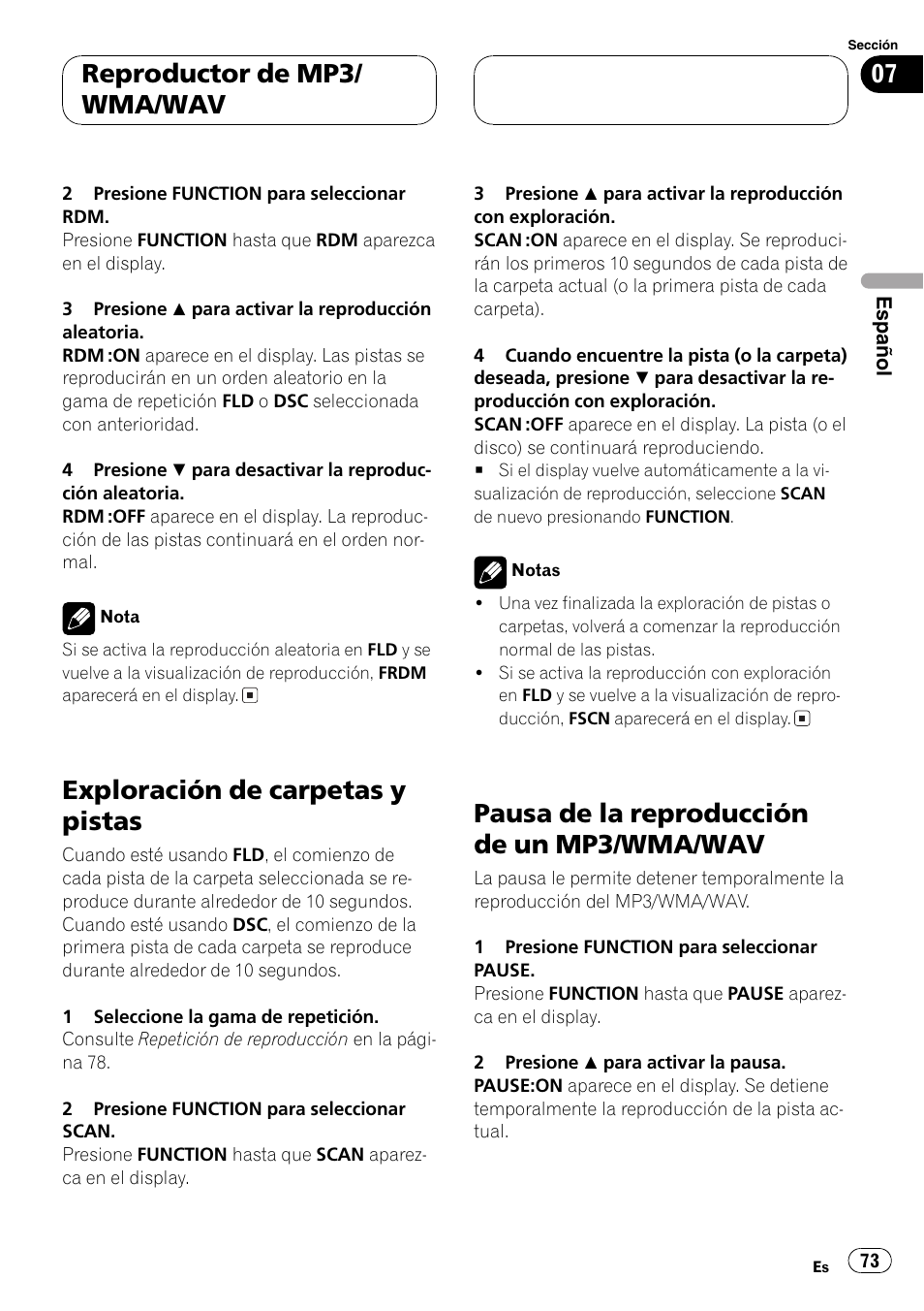 Exploración de carpetas y pistas 73, Pausa de la reproducción de un mp3/wma, Wav 73 | Exploración de carpetas y pistas, Pausa de la reproducción de un mp3/wma/wav, Reproductor de mp3/ wma/wav | Pioneer DEH-P4800MP User Manual | Page 73 / 104