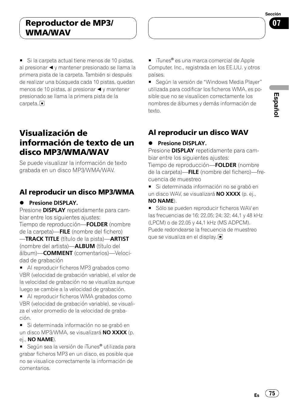 Visualización de información de texto de un, Disco mp3/wma/wav 75, Al reproducir un disco mp3/wma 75 | Al reproducir un disco wav 75, Reproductor de mp3/ wma/wav | Pioneer DEH-P4800MP User Manual | Page 75 / 104