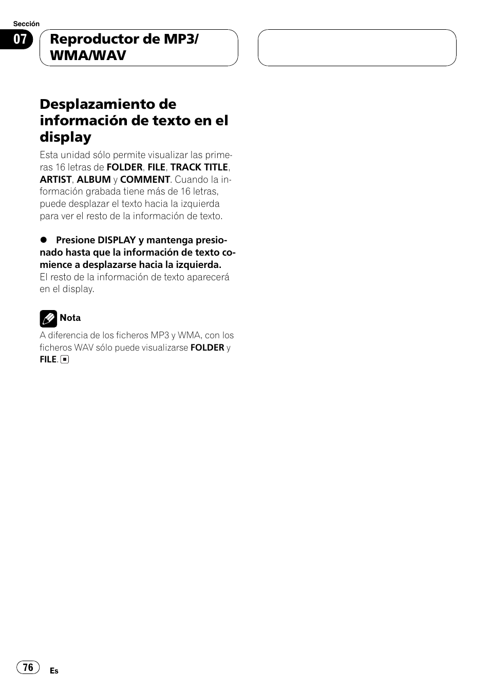 Desplazamiento de información de texto en, El display 76, Reproductor de mp3/ wma/wav | Pioneer DEH-P4800MP User Manual | Page 76 / 104