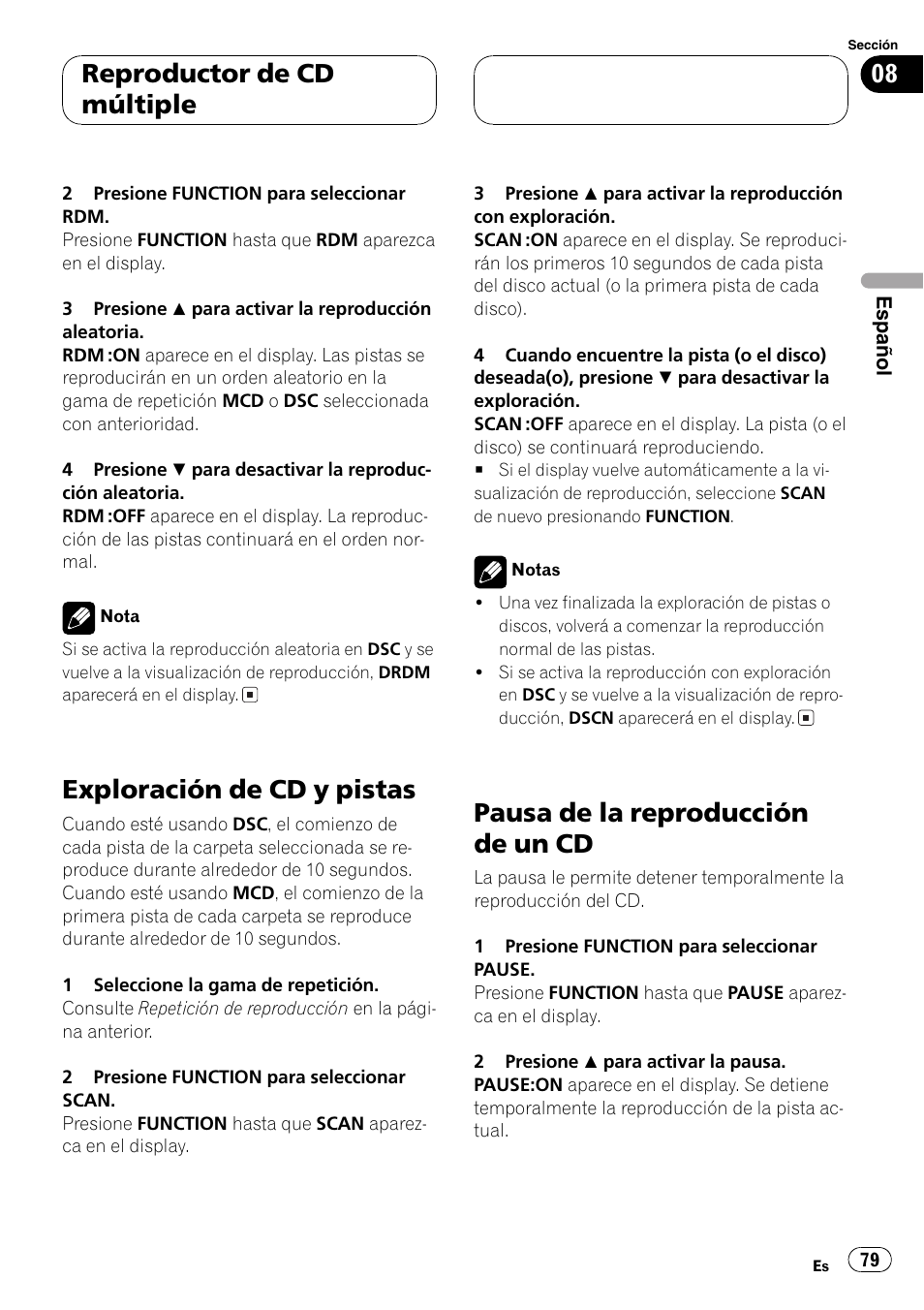 Exploración de cd y pistas 79, Pausa de la reproducción de un cd 79, Exploración de cd y pistas | Pausa de la reproducción de un cd, Reproductor de cd múltiple | Pioneer DEH-P4800MP User Manual | Page 79 / 104