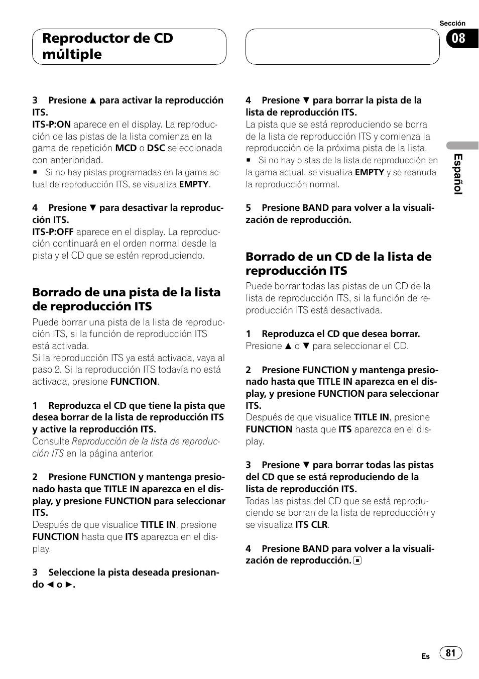 Borrado de una pista de la lista de, Reproducción its 81, Borrado de un cd de la lista de | Reproductor de cd múltiple, Borrado de un cd de la lista de reproducción its | Pioneer DEH-P4800MP User Manual | Page 81 / 104