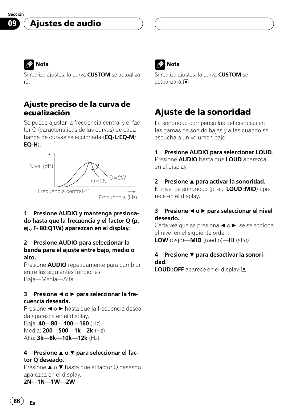 Ajuste preciso de la curva de, Ecualización 86, Ajuste de la sonoridad 86 | Ajuste de la sonoridad, Ajustes de audio, Ajuste preciso de la curva de ecualización | Pioneer DEH-P4800MP User Manual | Page 86 / 104