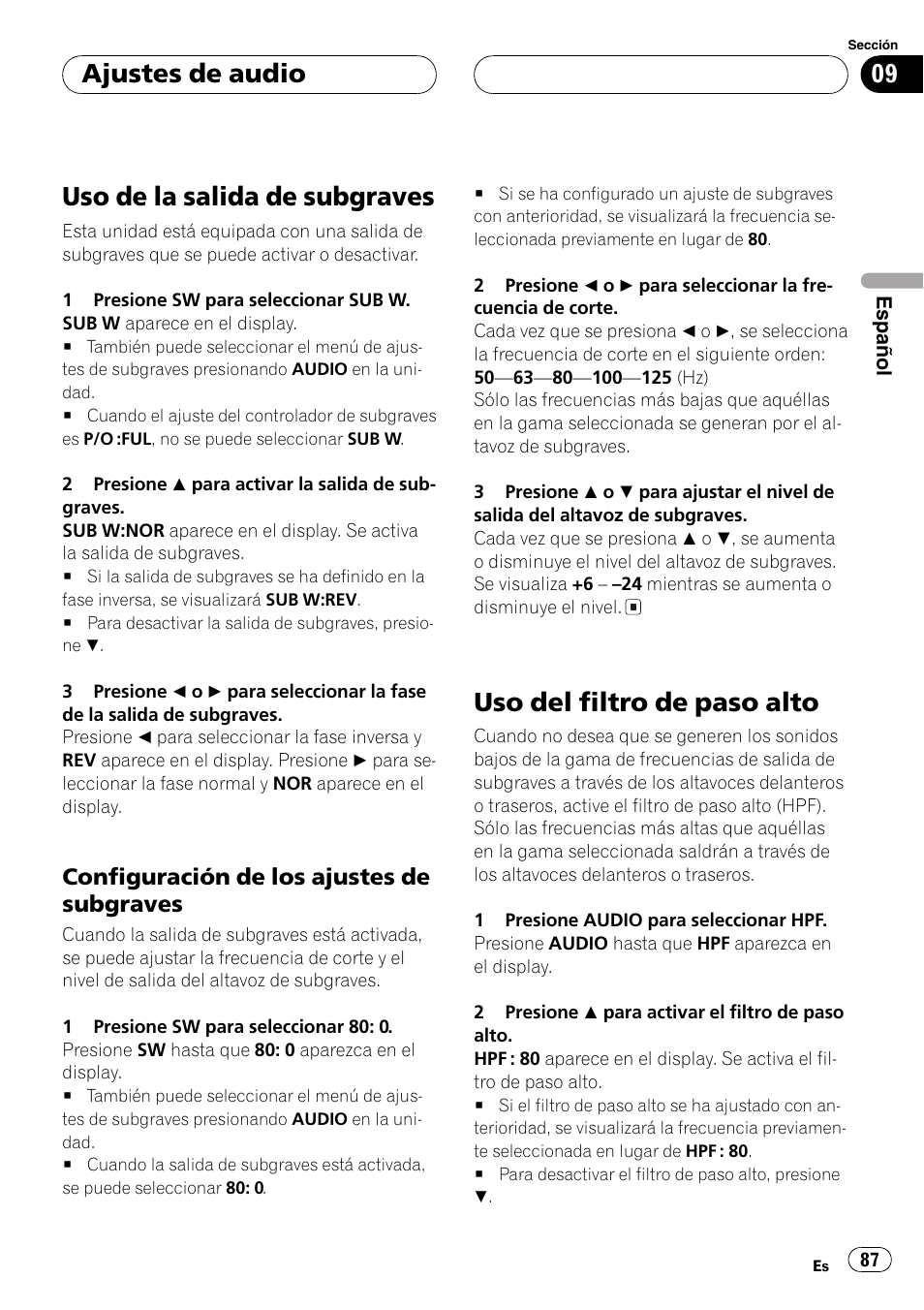 Uso de la salida de subgraves 87, Configuración de los ajustes de, Subgraves 87 | Uso del filtro de paso alto 87, Uso de la salida de subgraves, Uso del filtro de paso alto, Ajustes de audio, Configuración de los ajustes de subgraves | Pioneer DEH-P4800MP User Manual | Page 87 / 104