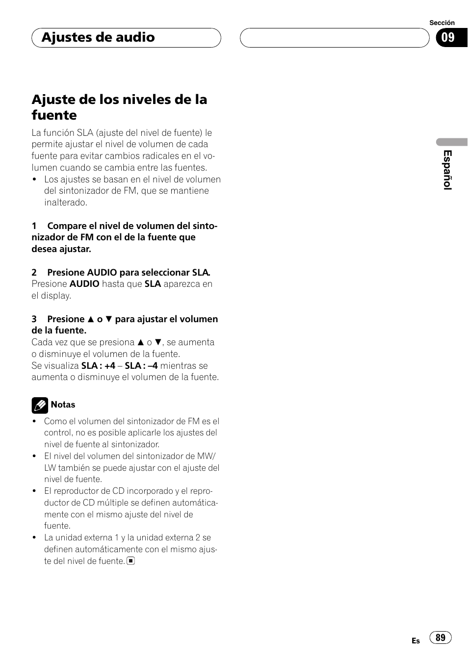 Ajuste de los niveles de la fuente 89, Ajuste de los niveles de la fuente, Ajustes de audio | Pioneer DEH-P4800MP User Manual | Page 89 / 104