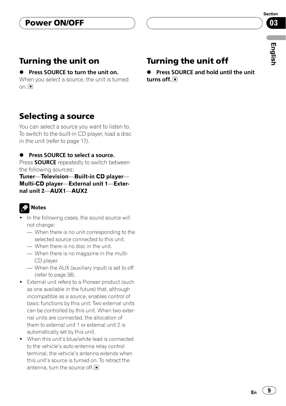 Turning the unit on, Selecting a source, Turning the unit off | Power on/off | Pioneer DEH-P4800MP User Manual | Page 9 / 104