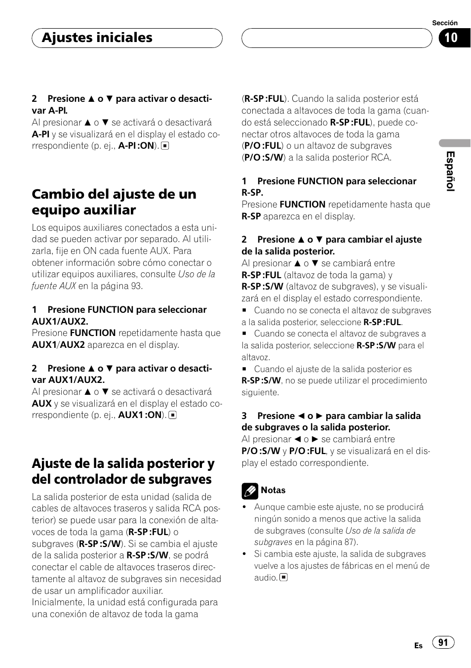 Cambio del ajuste de un equipo auxiliar 91, Ajuste de la salida posterior y del controlador, De subgraves 91 | Cambio del ajuste de un equipo auxiliar, Ajustes iniciales | Pioneer DEH-P4800MP User Manual | Page 91 / 104