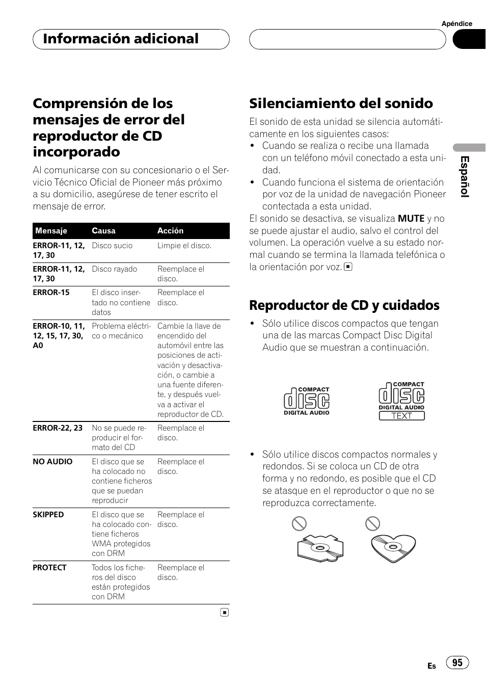 Información adicional, Comprensión de los mensajes de error del, Reproductor de cd incorporado 95 | Silenciamiento del sonido 95, Reproductor de cd y cuidados 95, Silenciamiento del sonido, Reproductor de cd y cuidados, Español | Pioneer DEH-P4800MP User Manual | Page 95 / 104