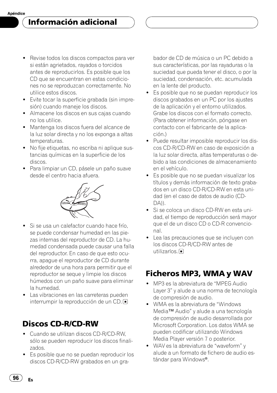Discos cd-r/cd-rw 96, Ficheros mp3, wma y wav 96, Discos cd-r/cd-rw | Ficheros mp3, wma y wav, Información adicional | Pioneer DEH-P4800MP User Manual | Page 96 / 104