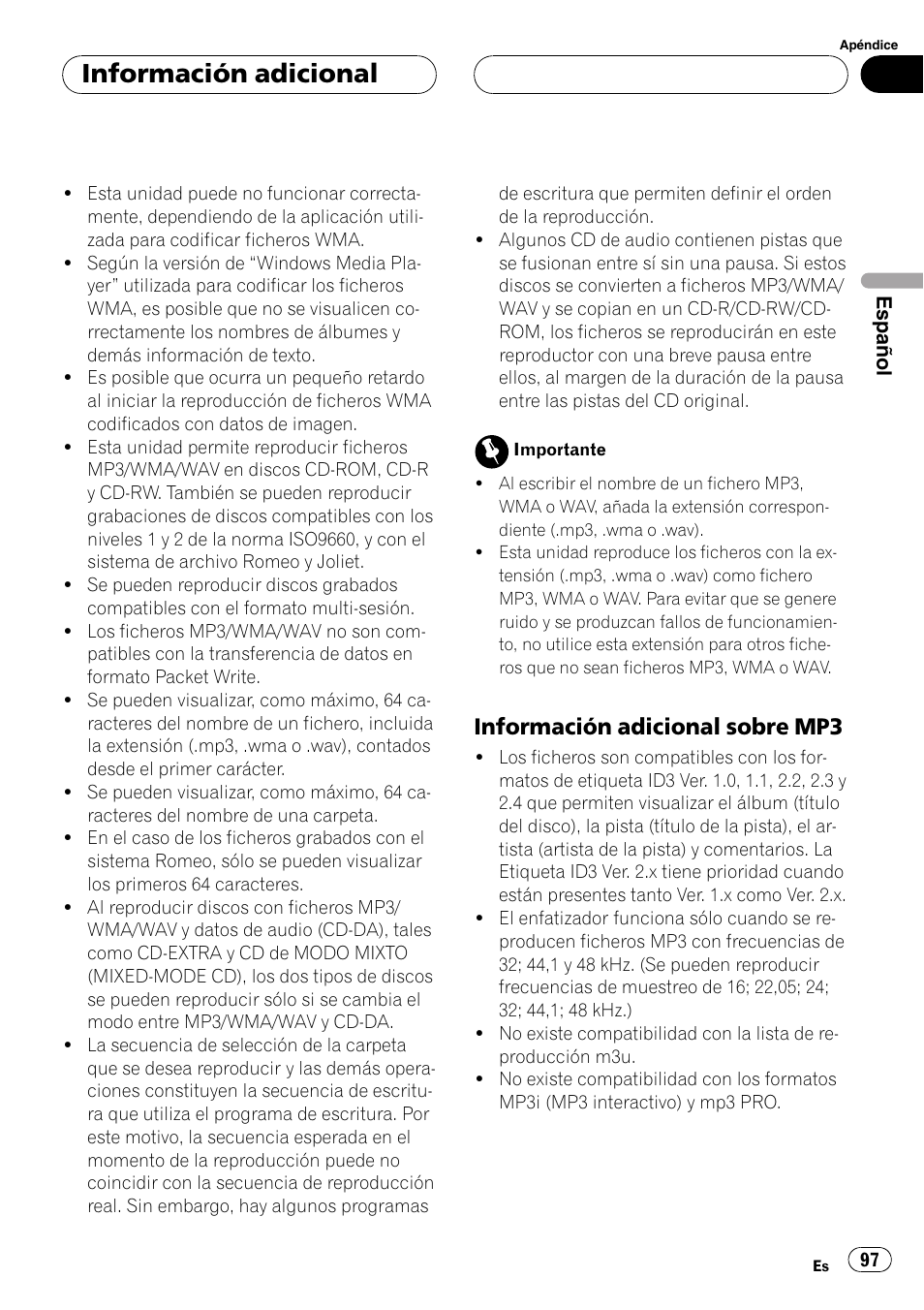 Información adicional sobre mp3 97, Información adicional, Información adicional sobre mp3 | Pioneer DEH-P4800MP User Manual | Page 97 / 104