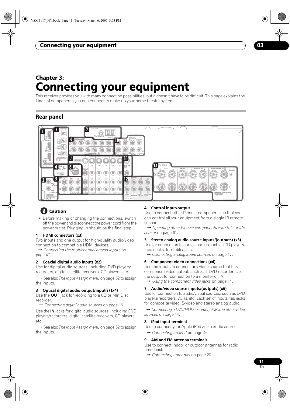 03 connecting your equipment, Rear panel, Connecting your equipment | Connecting your equipment 03, Chapter 3 | Pioneer VSX-1017AV-K User Manual | Page 11 / 72