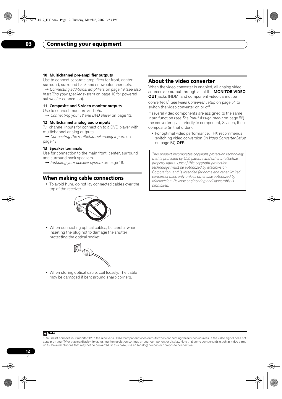 Connecting your equipment 03, When making cable connections, About the video converter | Pioneer VSX-1017AV-K User Manual | Page 12 / 72