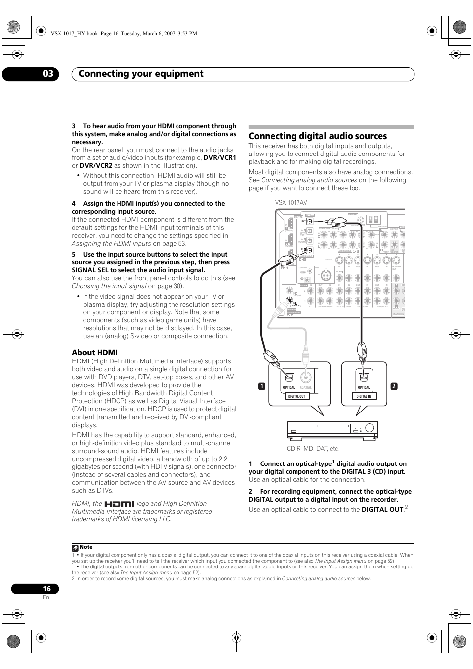 About hdmi, Connecting digital audio sources, Connecting your equipment 03 | Pioneer VSX-1017AV-K User Manual | Page 16 / 72