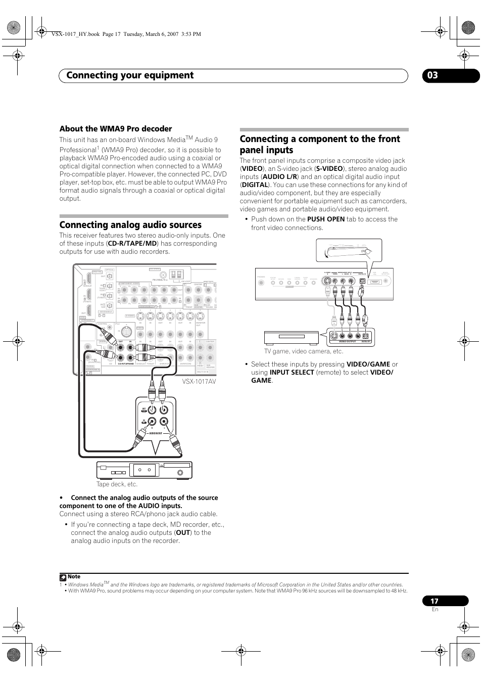 About the wma9 pro decoder, Connecting your equipment 03, Connecting analog audio sources | Connecting a component to the front panel inputs, This unit has an on-board windows media, Audio 9 professional, Vsx-1017av, Tape deck, etc, Tv game, video camera, etc, 1 • windows media | Pioneer VSX-1017AV-K User Manual | Page 17 / 72