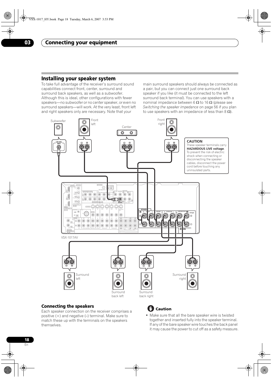 Installing your speaker system, Connecting the speakers, Connecting your equipment 03 | Caution, Subwoofer | Pioneer VSX-1017AV-K User Manual | Page 18 / 72