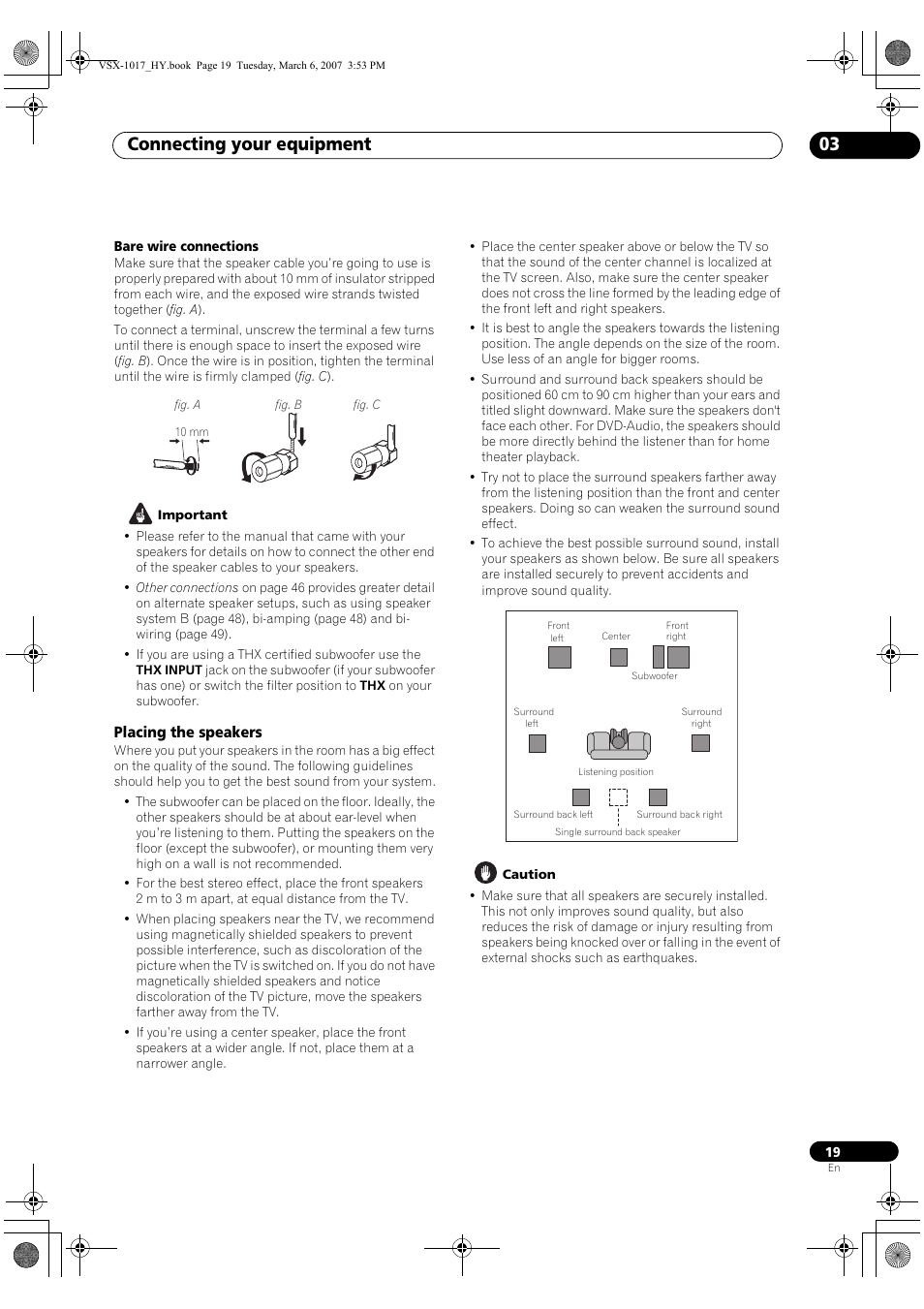 Placing the speakers, Connecting your equipment 03 | Pioneer VSX-1017AV-K User Manual | Page 19 / 72