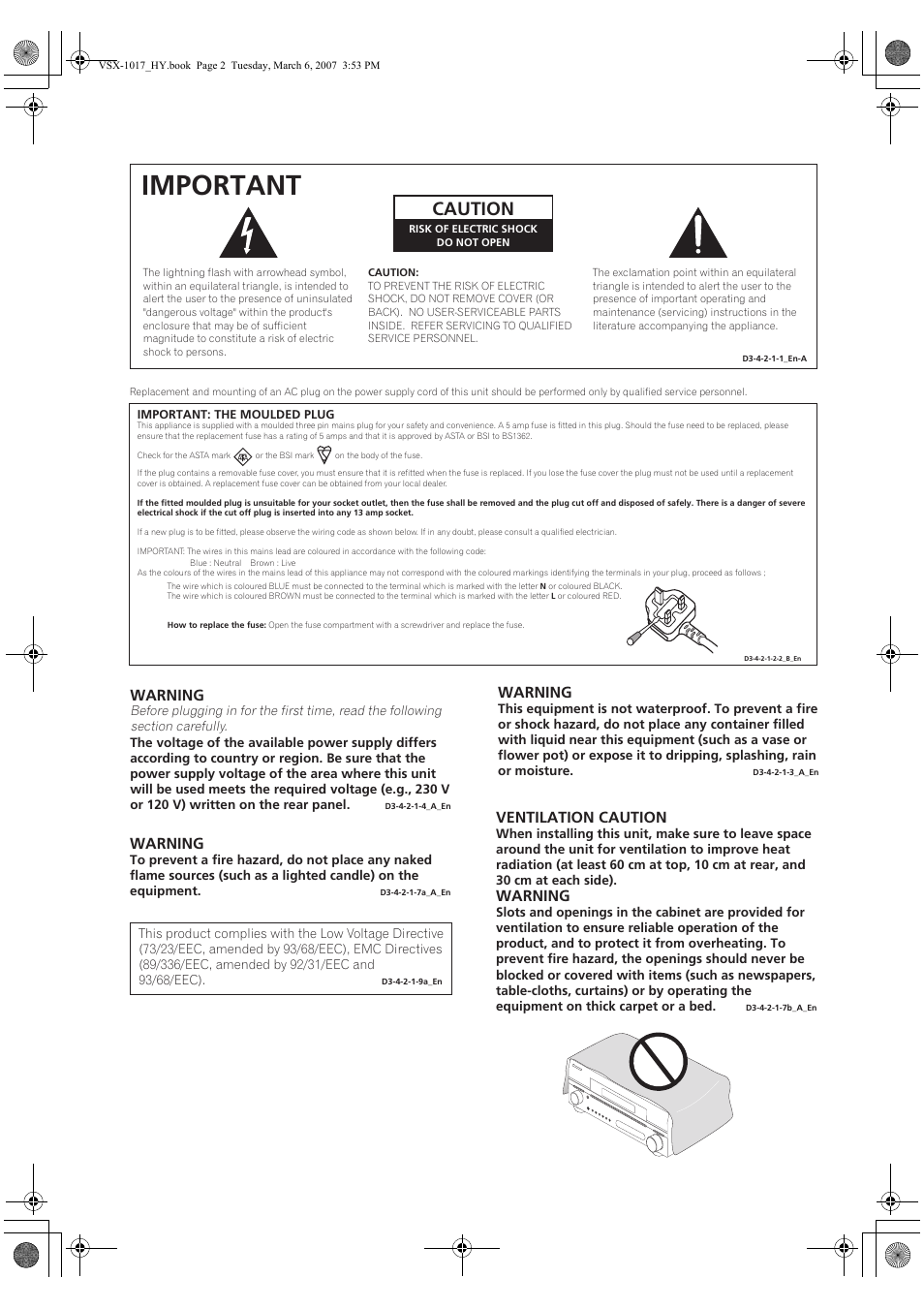 Important, Caution, Warning | Ventilation caution | Pioneer VSX-1017AV-K User Manual | Page 2 / 72