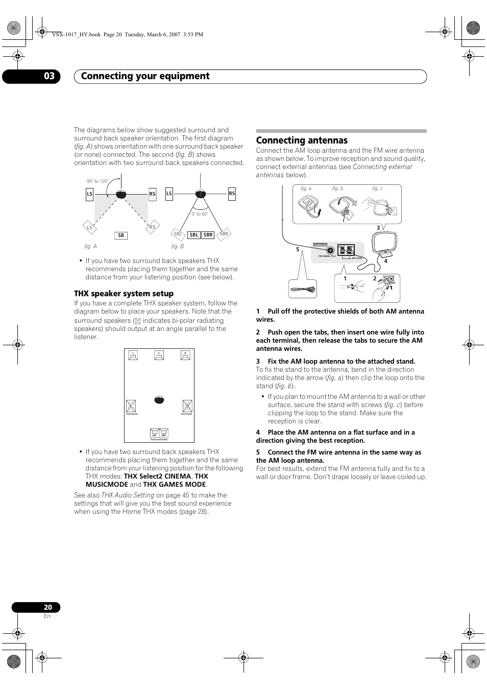 Thx speaker system setup, Connecting antennas, Connecting your equipment 03 | Pioneer VSX-1017AV-K User Manual | Page 20 / 72