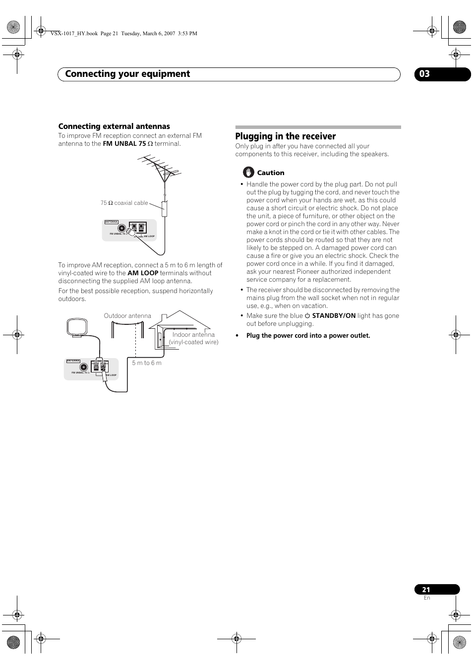 Connecting external antennas, Plugging in the receiver, Connecting your equipment 03 | Pioneer VSX-1017AV-K User Manual | Page 21 / 72