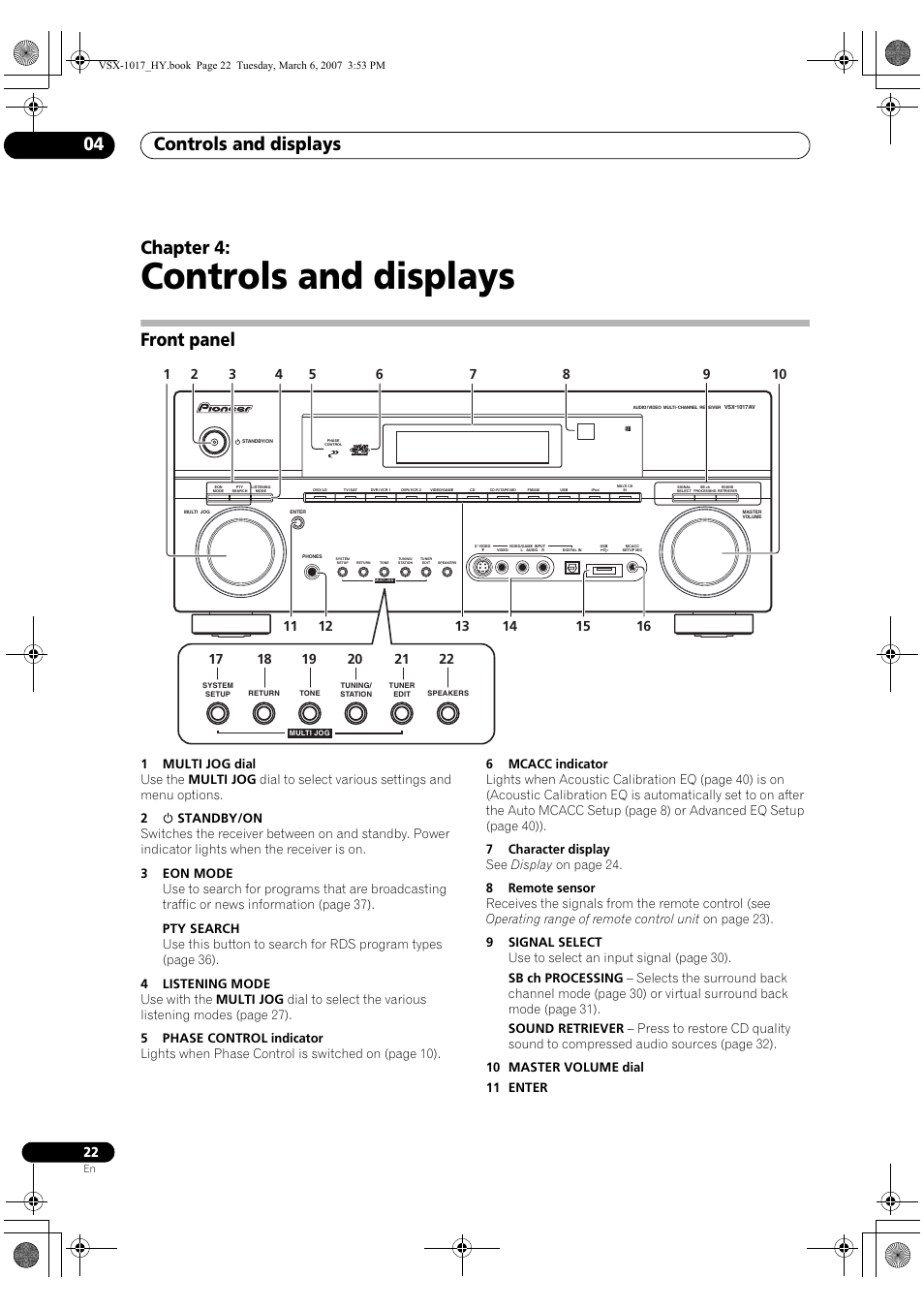 04 controls and displays, Front panel, Controls and displays | Controls and displays 04, Chapter 4 | Pioneer VSX-1017AV-K User Manual | Page 22 / 72