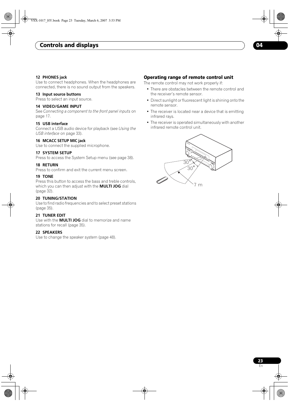 Operating range of remote control unit, Controls and displays 04 | Pioneer VSX-1017AV-K User Manual | Page 23 / 72