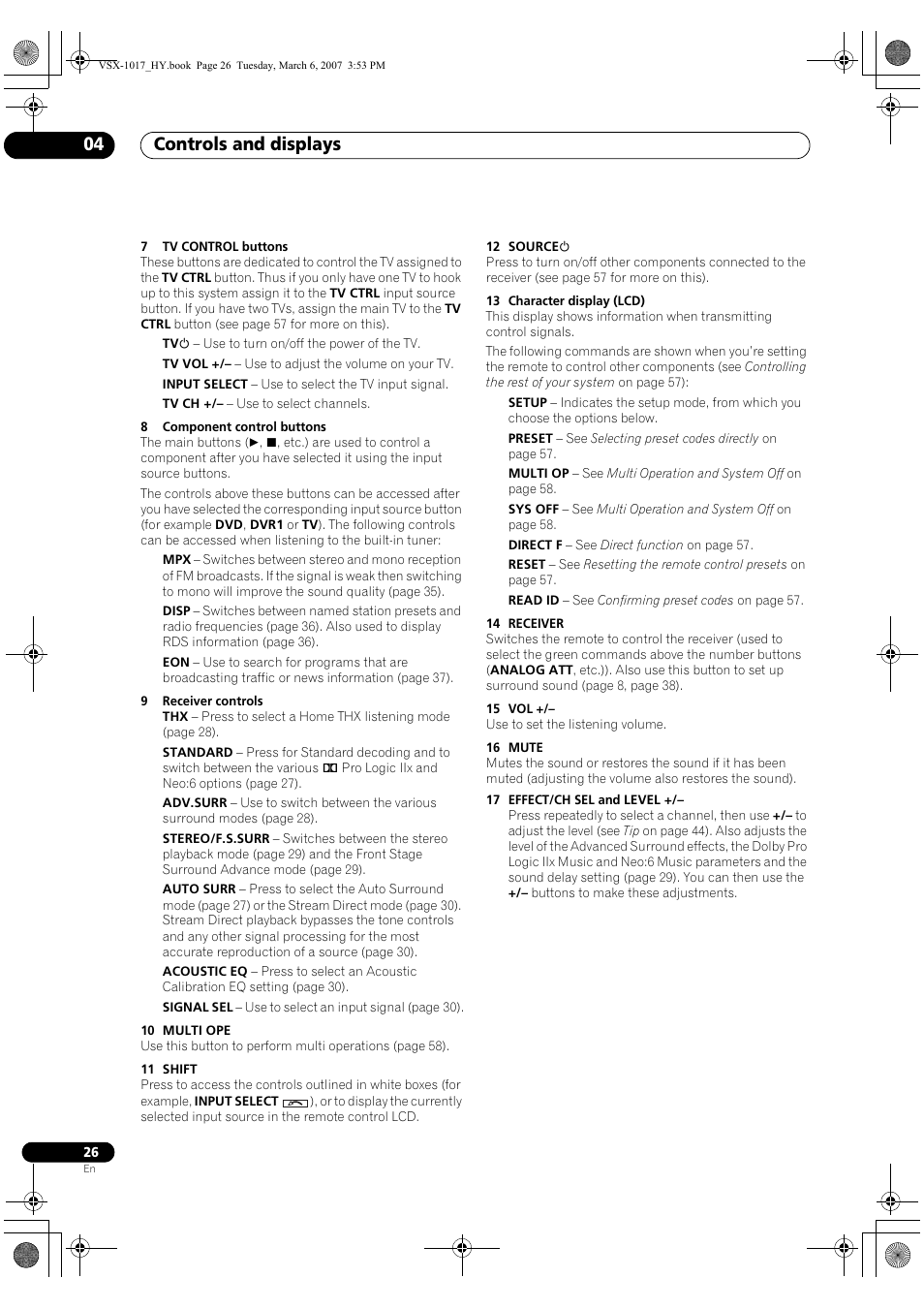 Controls and displays 04 | Pioneer VSX-1017AV-K User Manual | Page 26 / 72