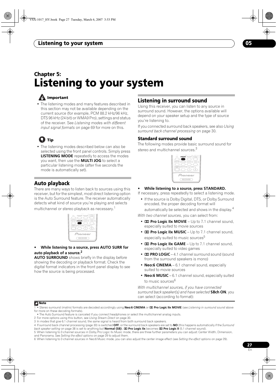 05 listening to your system, Auto playback listening in surround sound, Standard surround sound | Listening to your system, Listening to your system 05, Chapter 5, Auto playback, Listening in surround sound | Pioneer VSX-1017AV-K User Manual | Page 27 / 72