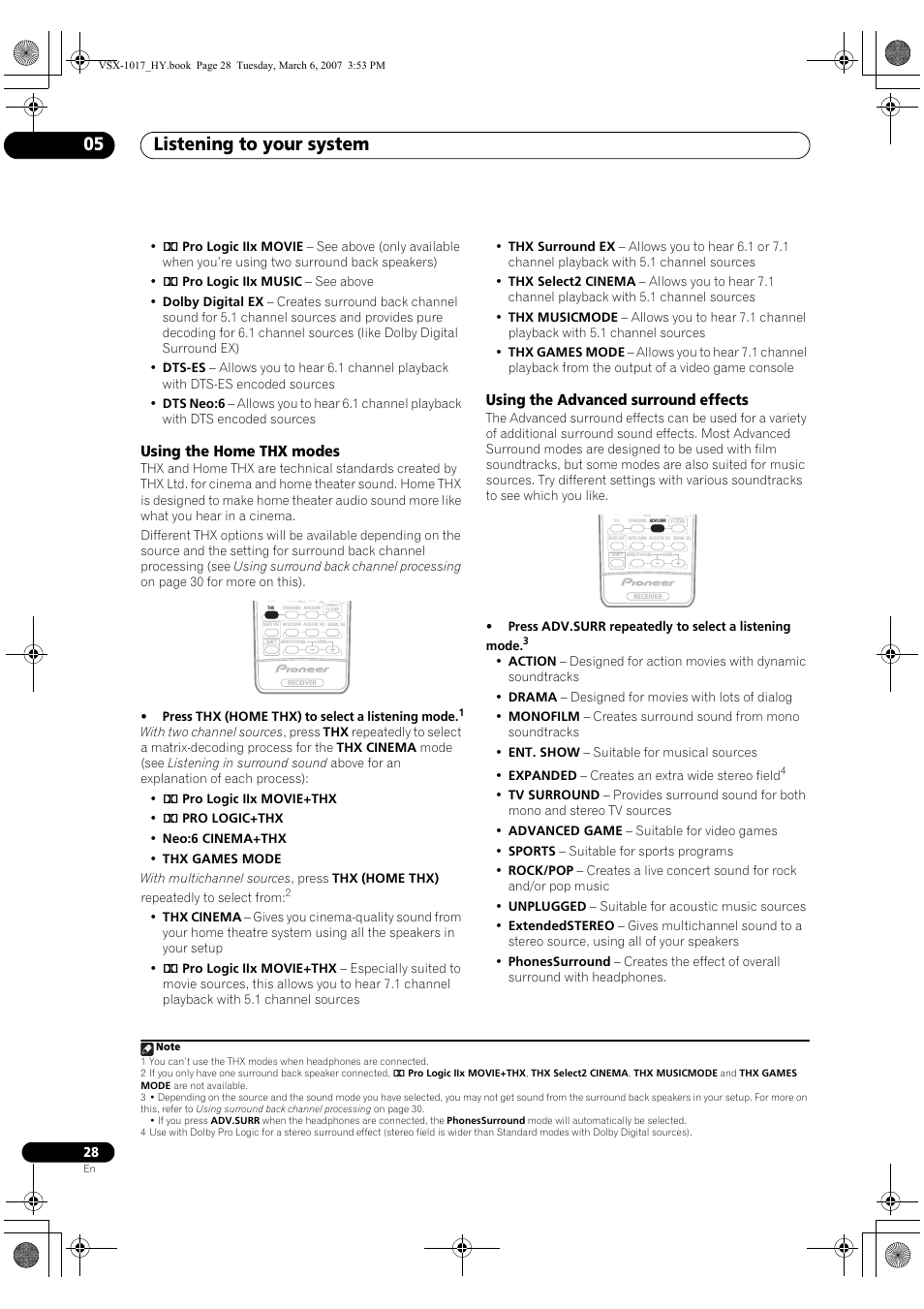 Listening to your system 05, Using the home thx modes, Using the advanced surround effects | Pioneer VSX-1017AV-K User Manual | Page 28 / 72