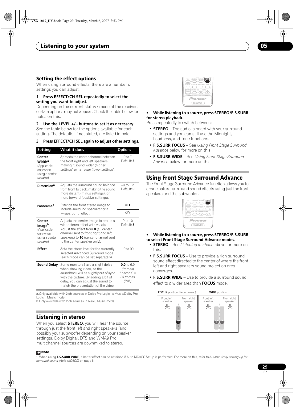 Setting the effect options, Listening to your system 05, Listening in stereo | Using front stage surround advance | Pioneer VSX-1017AV-K User Manual | Page 29 / 72