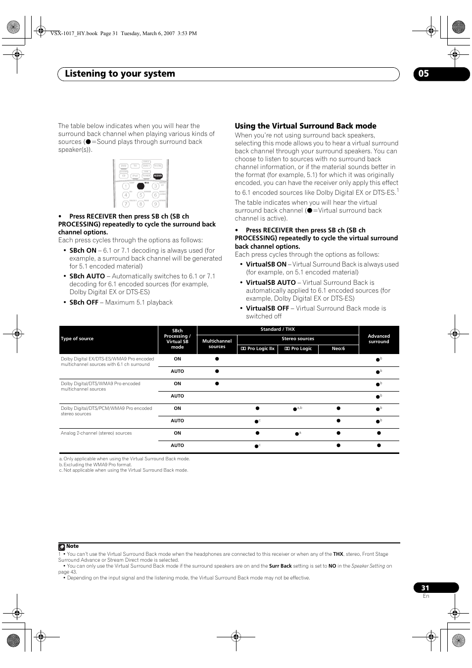 Using the virtual surround back mode, Listening to your system 05 | Pioneer VSX-1017AV-K User Manual | Page 31 / 72