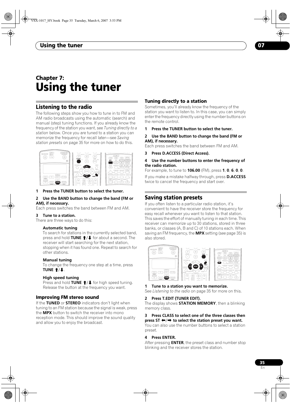 07 using the tuner, Listening to the radio, Saving station presets | Using the tuner, Using the tuner 07, Chapter 7, Improving fm stereo sound, Tuning directly to a station | Pioneer VSX-1017AV-K User Manual | Page 35 / 72