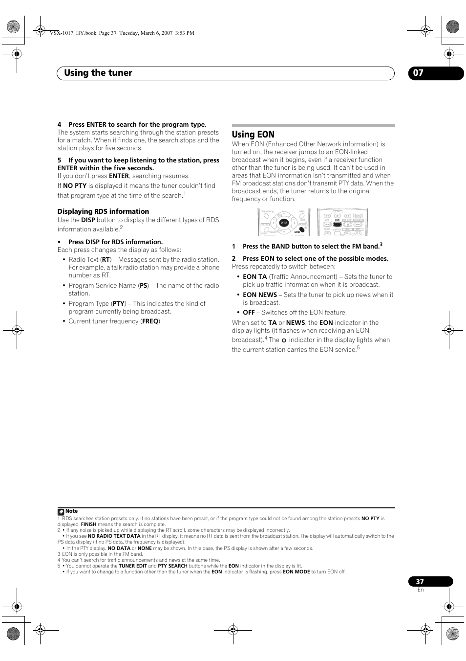 Using eon, Using the tuner 07, Displaying rds information | Pioneer VSX-1017AV-K User Manual | Page 37 / 72