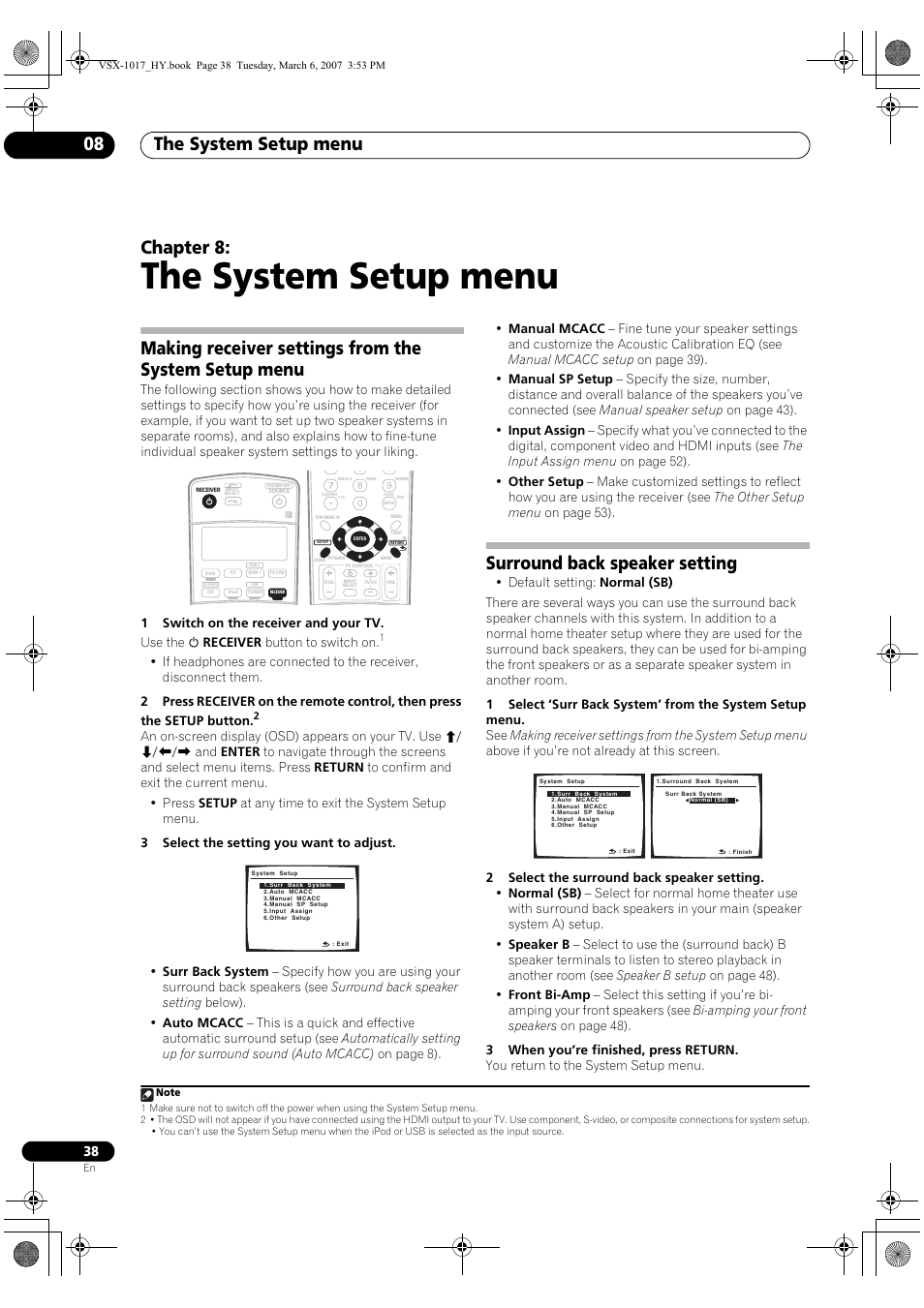 08 the system setup menu, The system setup menu, The system setup menu 08 | Chapter 8, Surround back speaker setting | Pioneer VSX-1017AV-K User Manual | Page 38 / 72