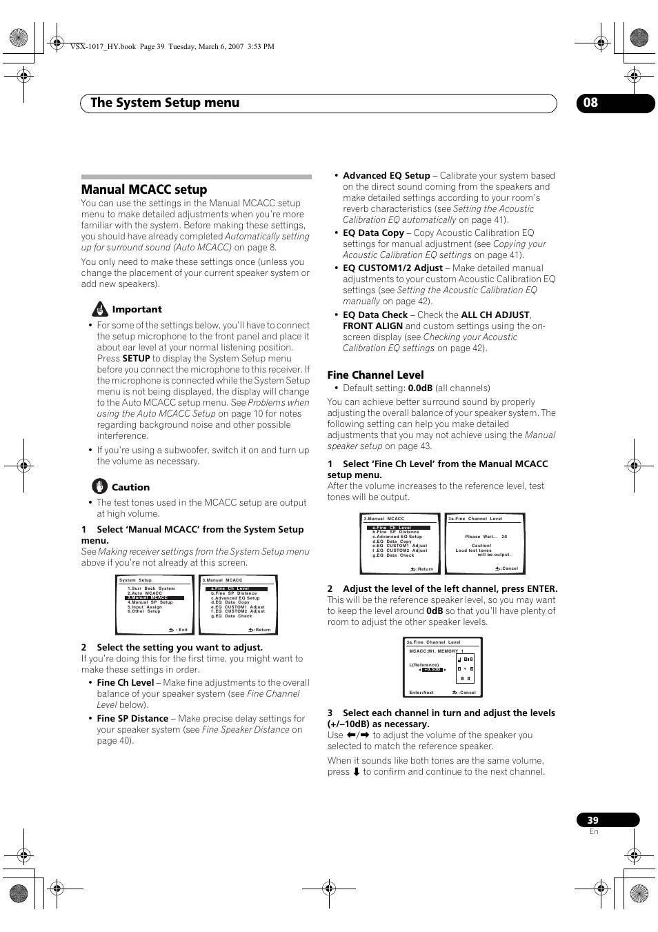 Manual mcacc setup, Fine channel level, The system setup menu 08 | Pioneer VSX-1017AV-K User Manual | Page 39 / 72