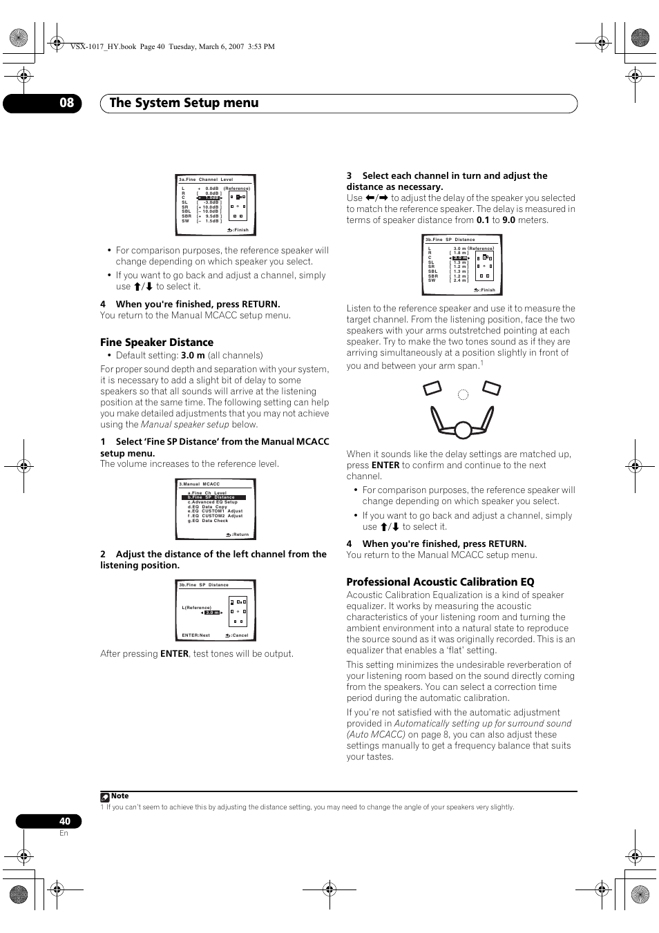 The system setup menu 08, Fine speaker distance, Professional acoustic calibration eq | Pioneer VSX-1017AV-K User Manual | Page 40 / 72