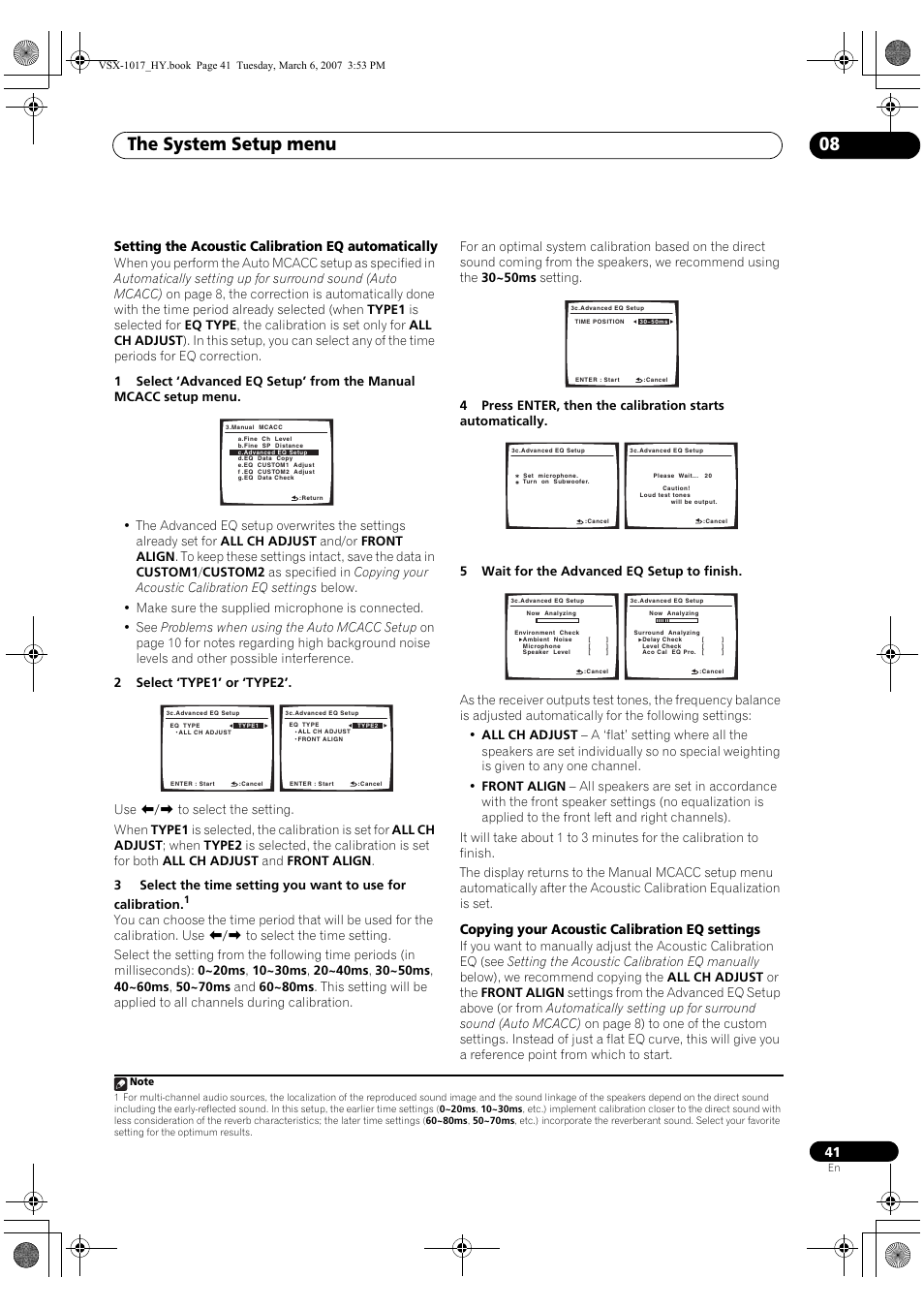 The system setup menu 08, Setting the acoustic calibration eq automatically, Copying your acoustic calibration eq settings | Pioneer VSX-1017AV-K User Manual | Page 41 / 72