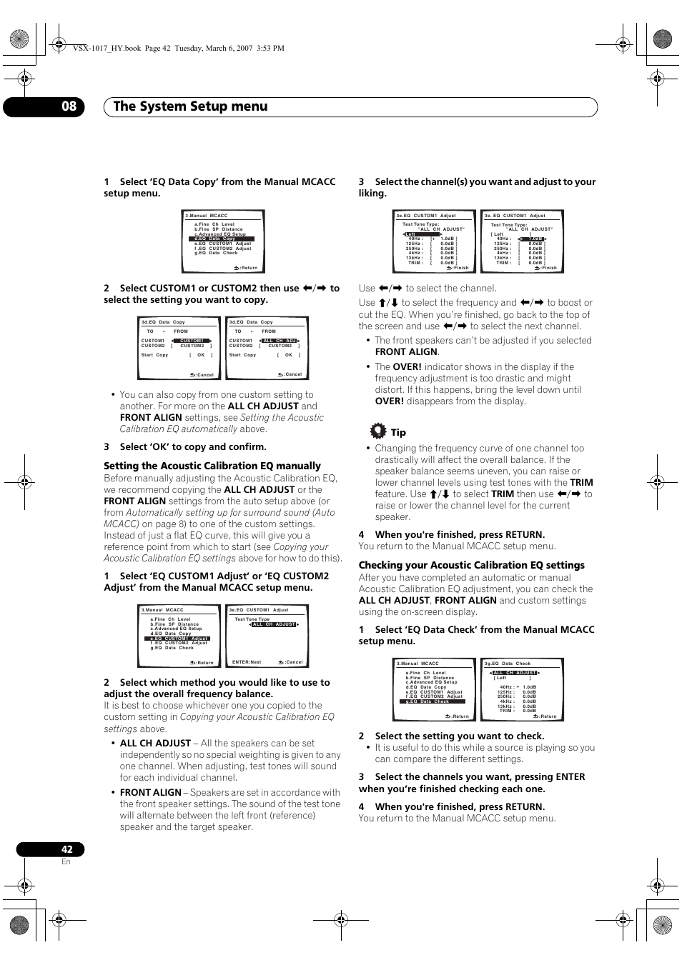 The system setup menu 08, Setting the acoustic calibration eq manually, Checking your acoustic calibration eq settings | Pioneer VSX-1017AV-K User Manual | Page 42 / 72