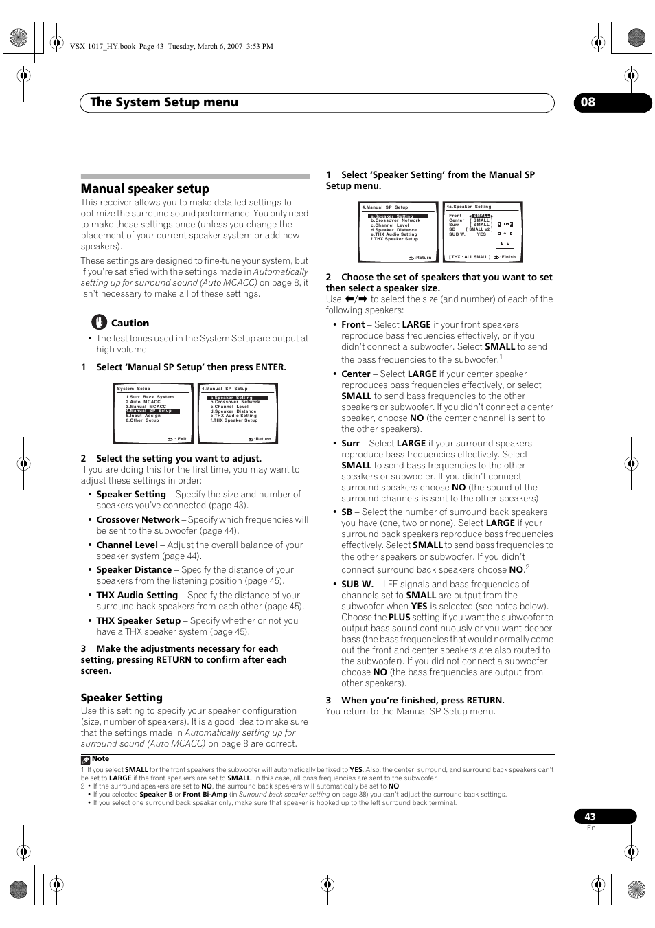 Manual speaker setup, Speaker setting, The system setup menu 08 | Pioneer VSX-1017AV-K User Manual | Page 43 / 72