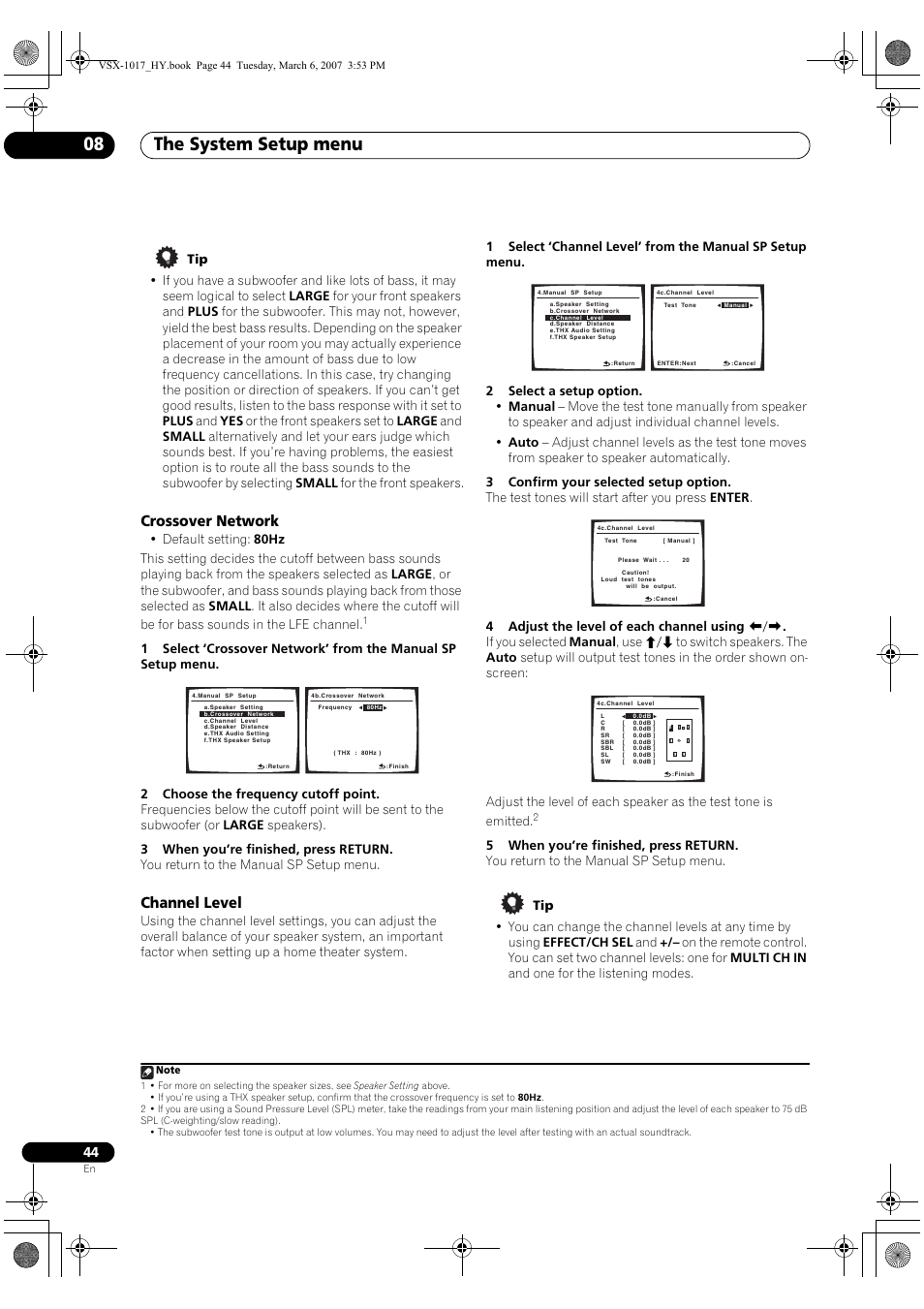 Crossover network channel level, The system setup menu 08, Crossover network | Channel level | Pioneer VSX-1017AV-K User Manual | Page 44 / 72