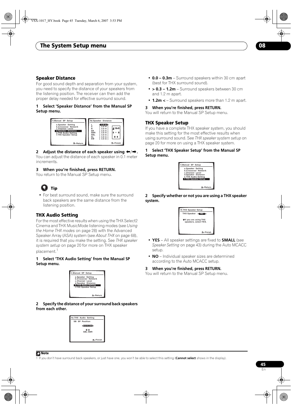 The system setup menu 08, Speaker distance, Thx audio setting | Thx speaker setup | Pioneer VSX-1017AV-K User Manual | Page 45 / 72